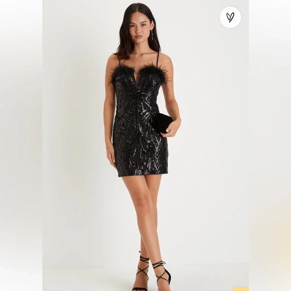 Lulus | Dresses | Black Sequin Bodycon Feather Formal Mini Dress Hoco Size  Small | Poshmark